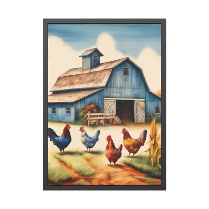 Barn Farm With Chickens Framed Poster