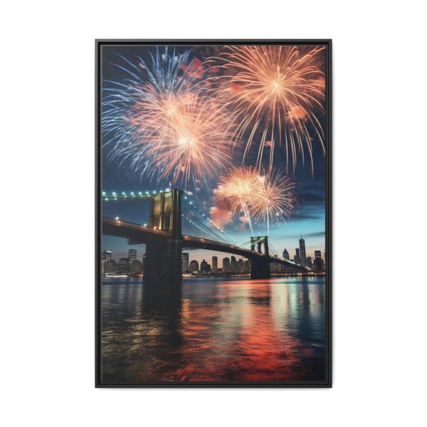 Brooklyn Bridge NYC Fireworks Framed Canvas