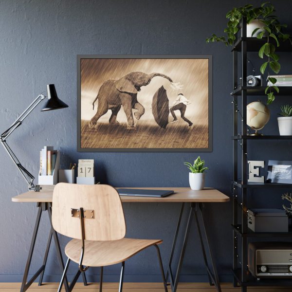 11584191256569914411_2048.jpeg Elephant Play on the Rain with Umbrella Framed Poster
