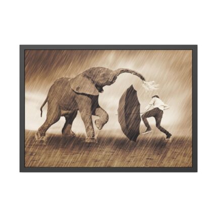 Elephant Play on the Rain with Umbrella Framed Poster